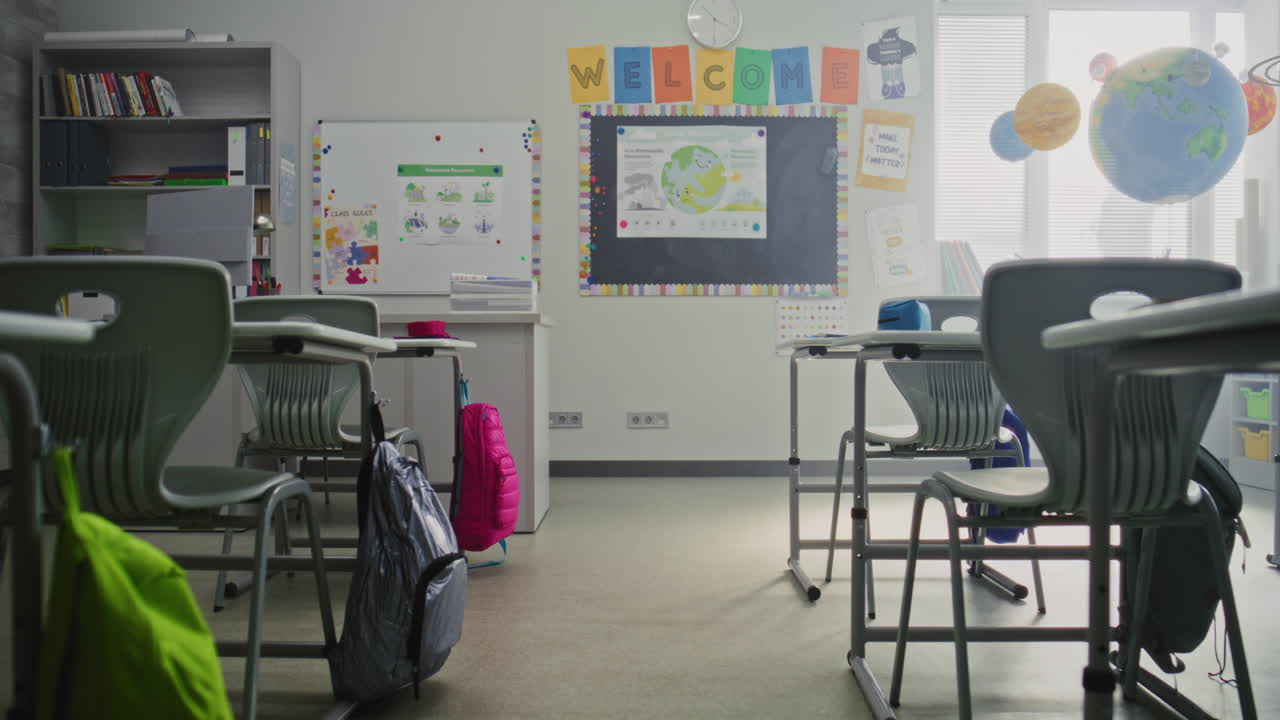 Interior of Modern Empty Elementary School Classroom with Desks for Students