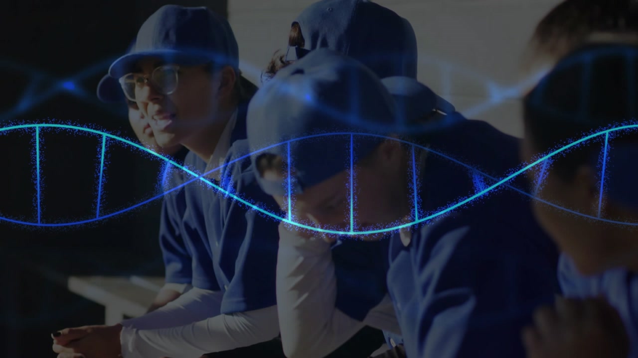 Adult female baseball team sitting bench blue helix entering sweeping across showing sports tech