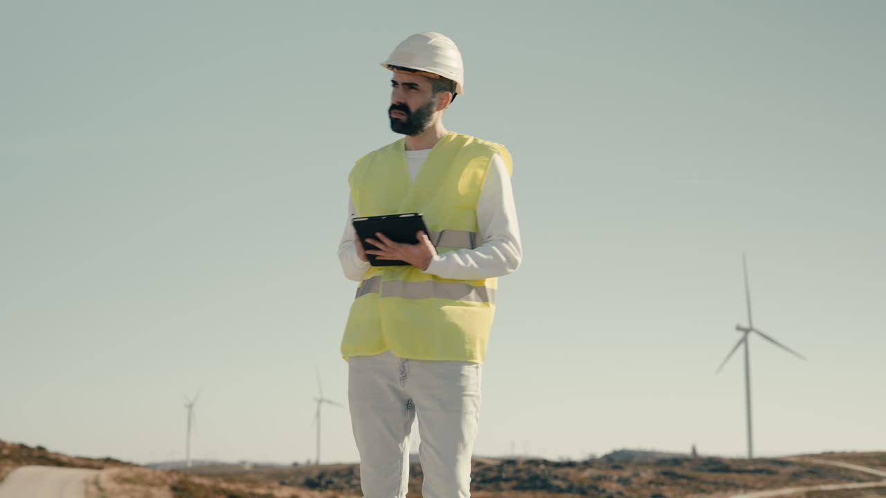 trabajando para garantizar un futuro más verde, un ingeniero de energía renovable masculino usa tecnología para auditar turbinas eólicas en un campo de generadores de energía limpia en un día soleado