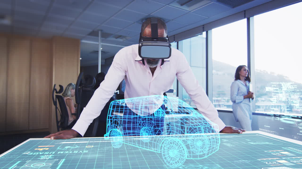 Animation of a businessman wearing a VR headset with a 3d plan on a table
