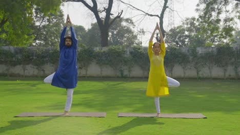 Einbeiniges-Namaste-Yoga,-Durchgeführt-Von-Einem-Indischen-Paar