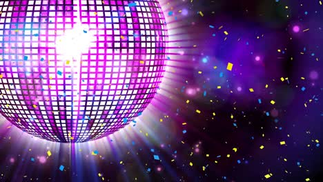 Confetti-falling-over-spinning-purple-disco-ball-against-blue-spots-of-light-on-black-background