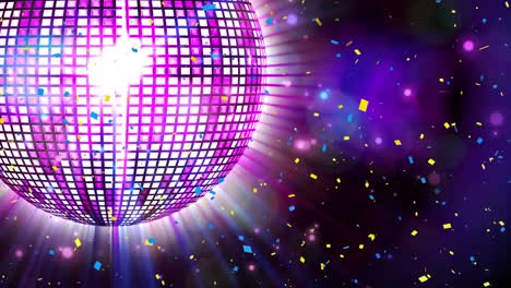 confetti falling over spinning purple disco ball against blue spots of light on black background