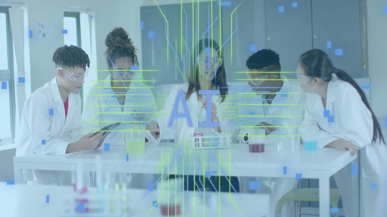 Animation of ai text and data processing over diverse students in laboratory