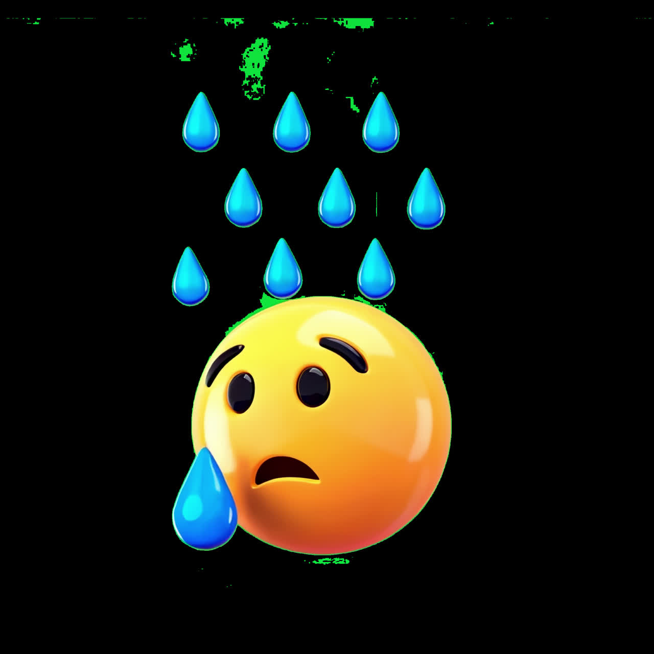 Trauriges Emoji unter Regentropfen-Animation, isoliertes Asset, transparentes 4K-Video, Alphakanal, ProRes 4444