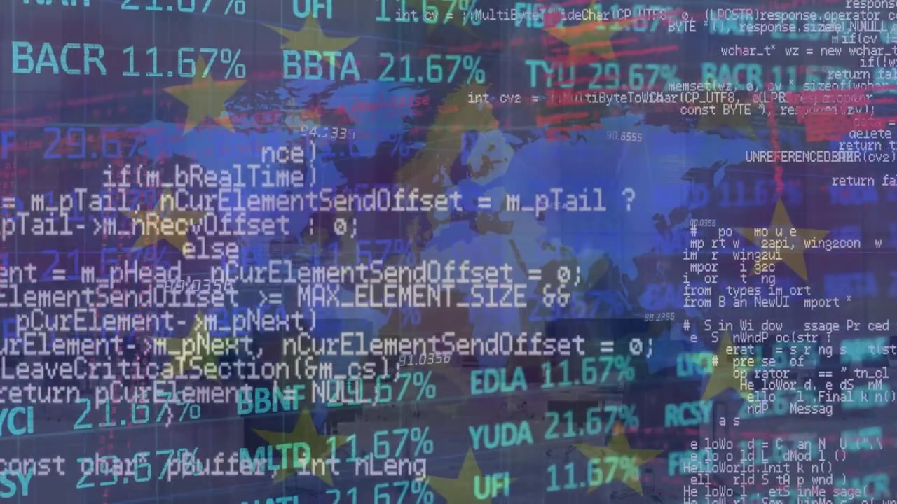 Animation of financial and computer data and network of connections over european union flag