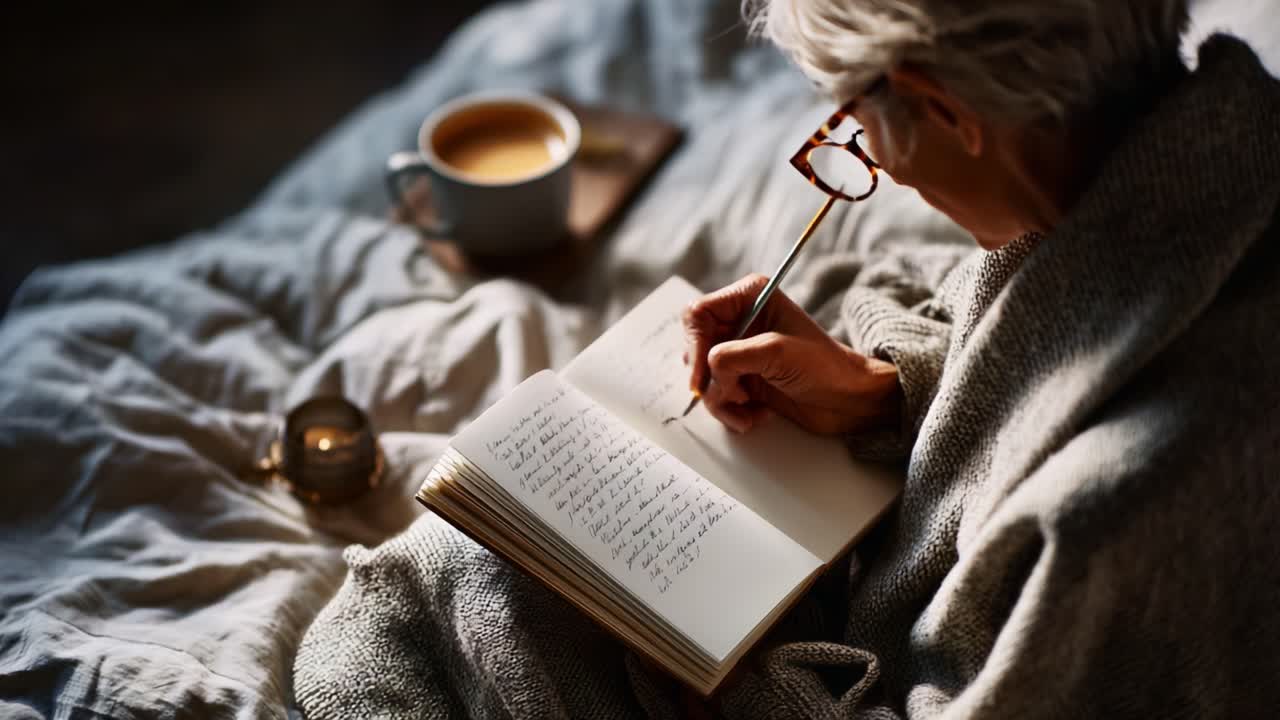 A serene moment captured of an elderly person writing in a journal, wrapped in a warm, cozy blanket beside a steaming cup of tea, reflecting on memories and thoughts