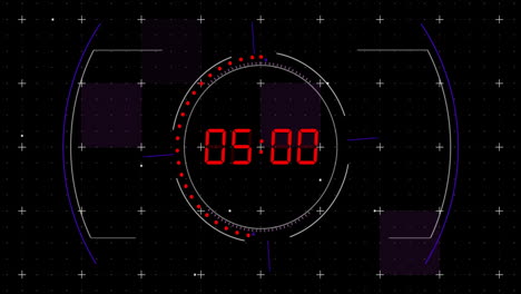 Animation of red digital timer changing with dots and circles on black background