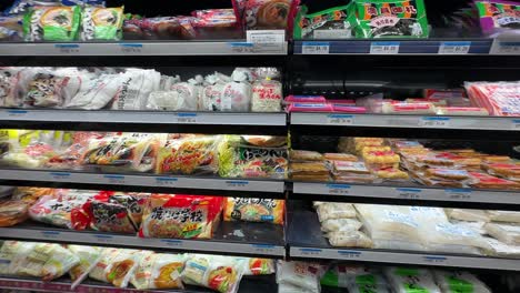 Japanese-food-in-Downtown-Los-Angeles-market,-packages-of-ramen-noodles-and-other-items-on-shelves