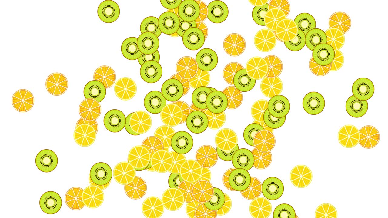 las rebanadas de cítricos giran y vuelan, aisladas sobre un fondo blanco. cortar el limón, la naranja y el kiwi por la mitad. composición horizontal, calidad de video 4k