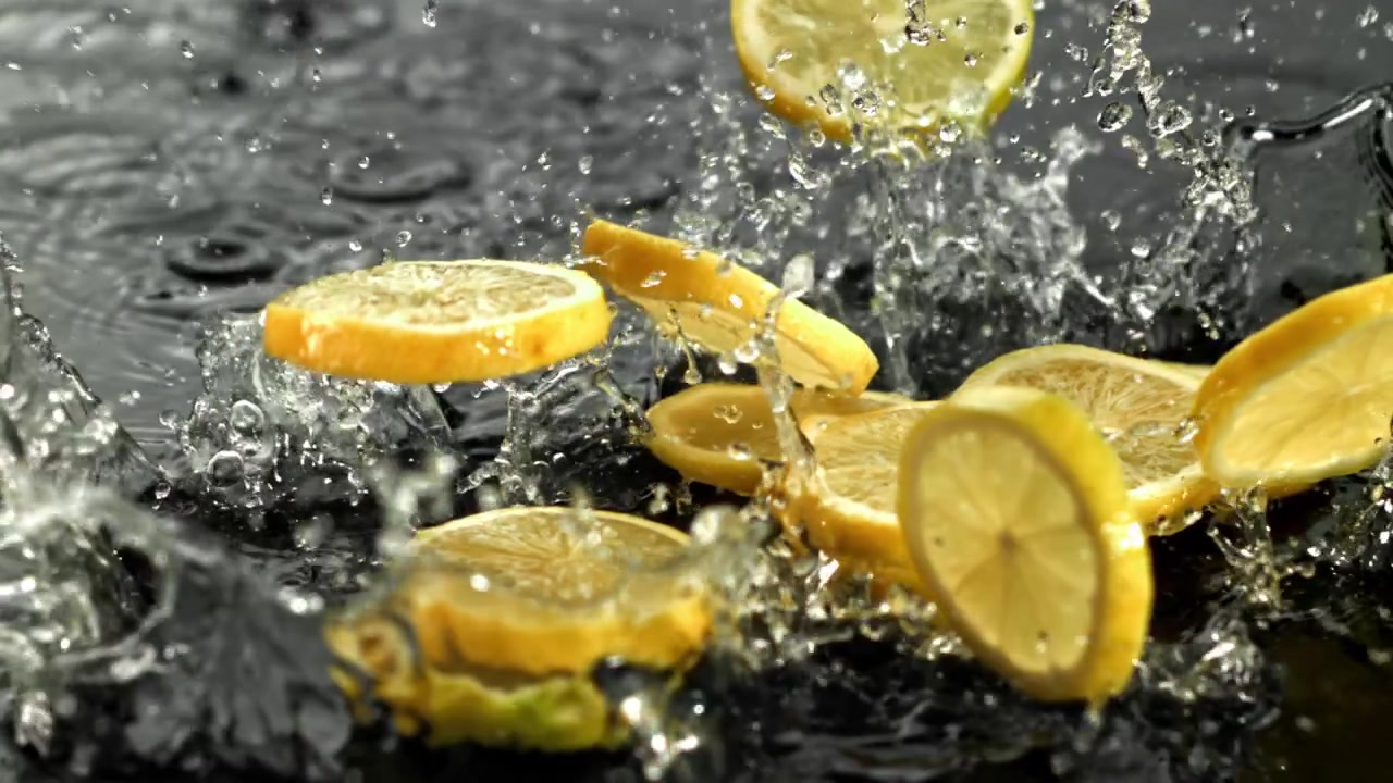 Fresh Lemon Slices Splashing into Water in Slow Motion