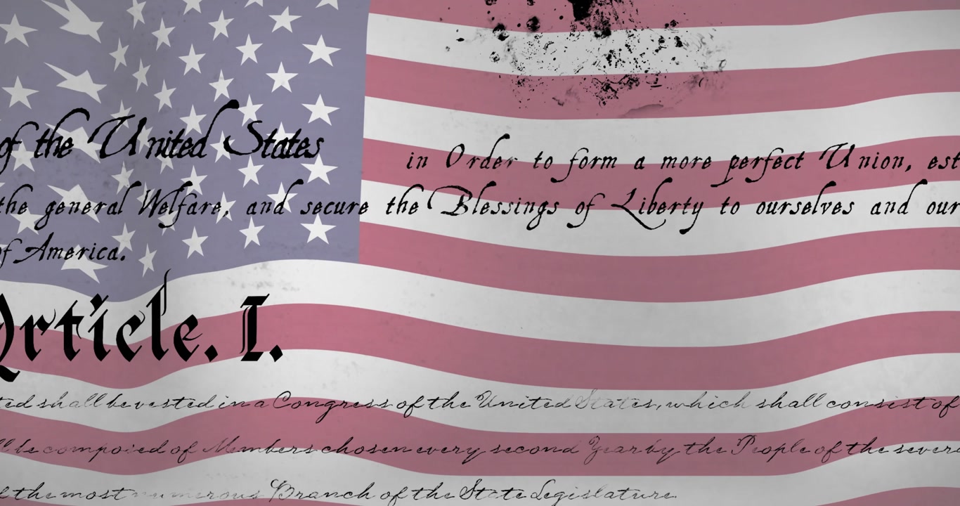 Waving flag launching text fading, sliding and ink-splat effect revealing Article I over stripes