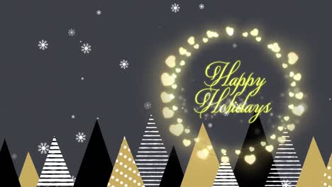 Animation-of-christmas-greetings-in-fairy-lights-frame-over-christmas-trees-background