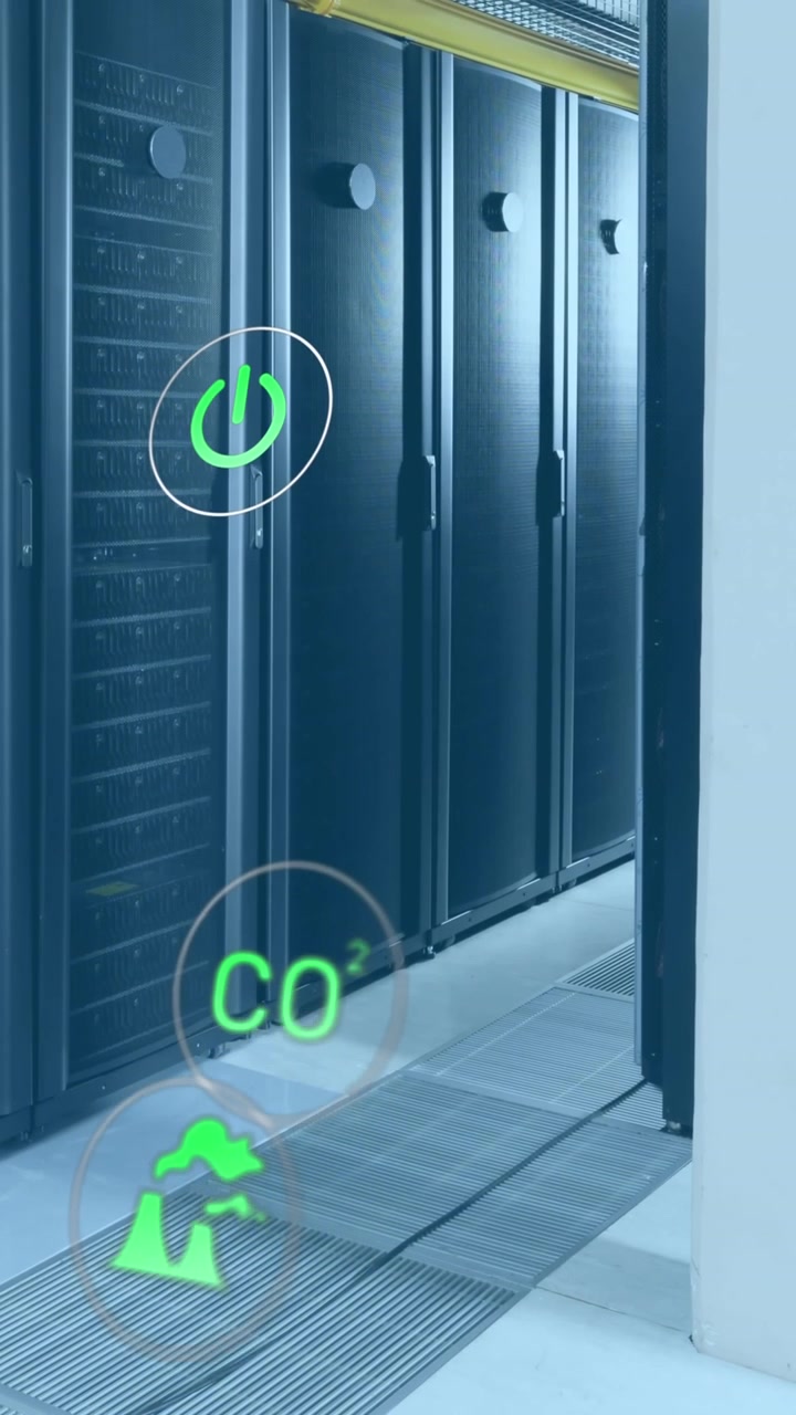 Animation of icon in circles over data server racks in server room