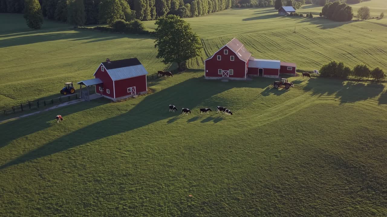 Luftfoto af en malerisk gård med røde lader og græssende køer, fanget ved solnedgang.