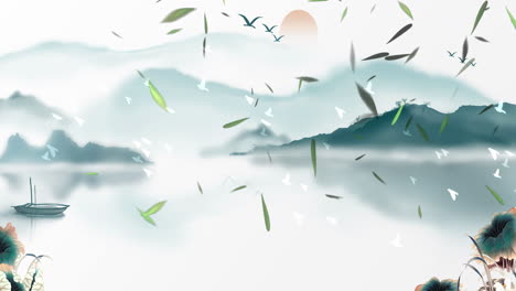 낮에는 고대 중국 전통 일본 풍경 잉크 그림 아름다운 평온한 나무, 산, 꽃, 호수, 물, 새, 파란 하늘, 배, 체리 꽃의 계절