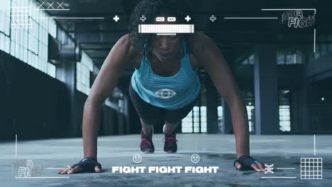 animación digital de la interfaz de un videojuego contra una mujer que realiza un ejercicio de flexión