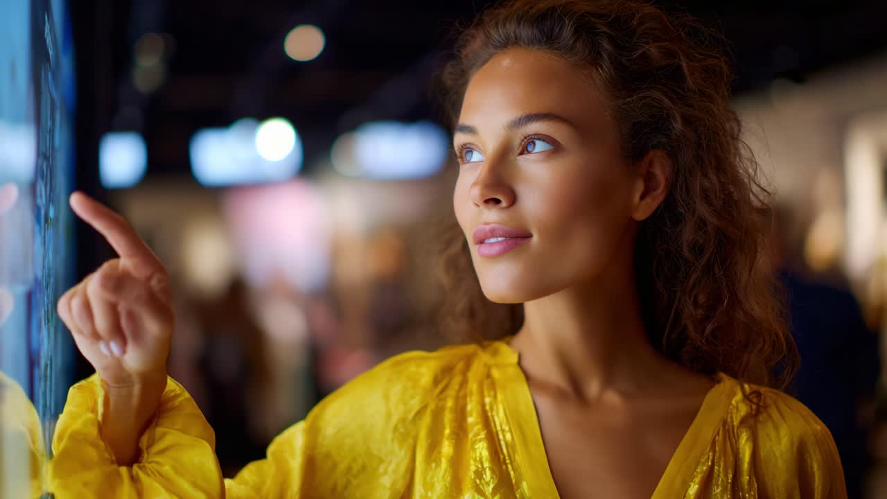 A woman with curly hair, dressed in a vibrant yellow top, thoughtfully interacts with an art display, showcasing curiosity and engagement in a dynamic environment