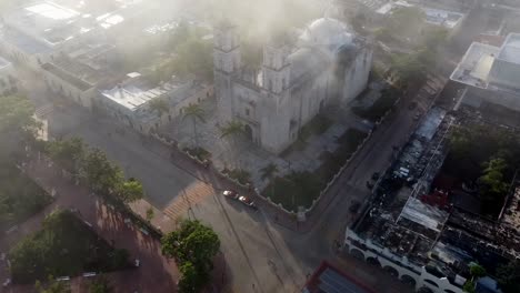 aerial view of a colonial city in mexico on a misty morning