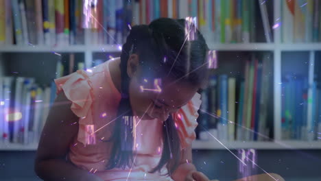 reading book, girl with braids over digital network connections animation