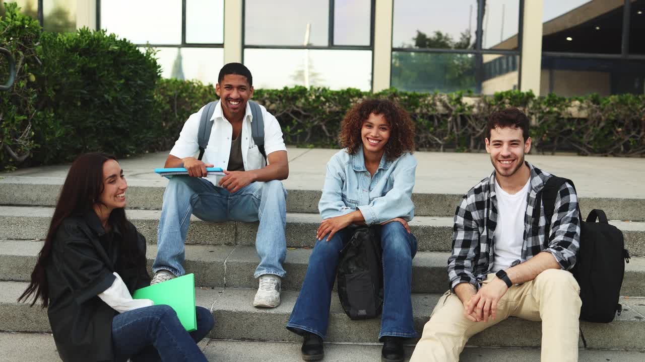 Un gruppo felice e diverso di studenti seduto sui gradini del campus.