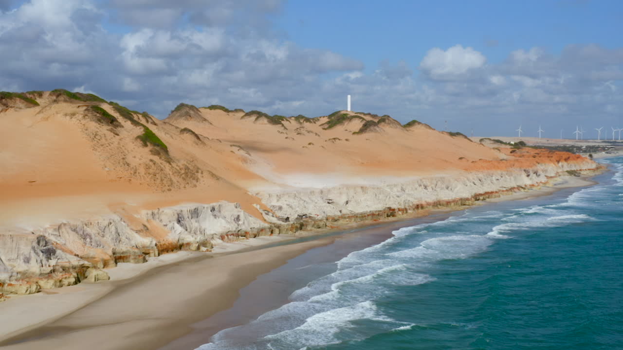 Aerial view of the Morro Branco cliffs and the wind energy, Ceara, Brazil