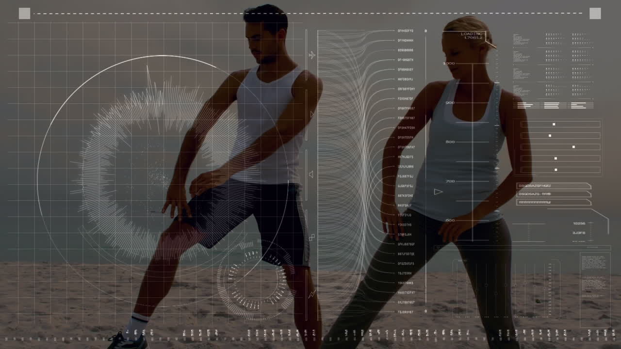 Digital interface with data processing against caucasian couple stretching together at the beach
