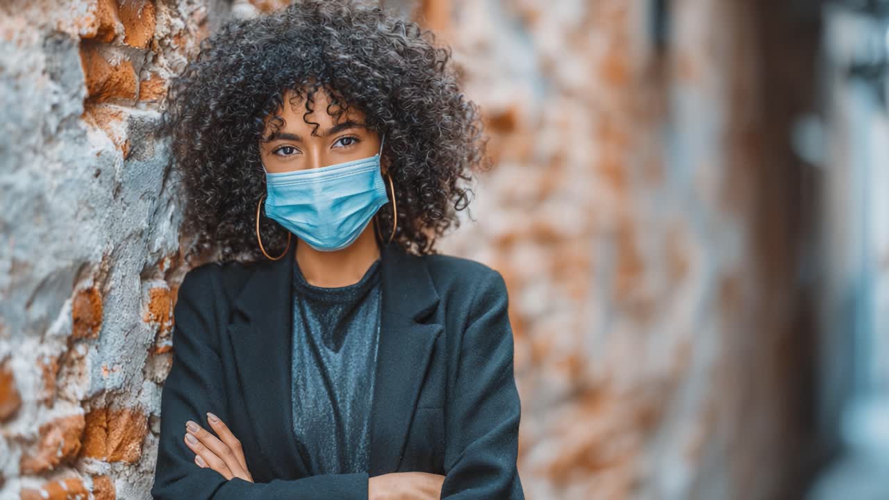 A Confident Young Woman with Curly Hair Wearing a Face Mask Poses Against a Rustic Wall, Exuding Strength and Determination in a Modern Urban Setting