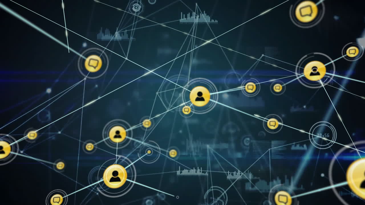 Animazione di una rete di connessioni con icone su elaborazione dati.