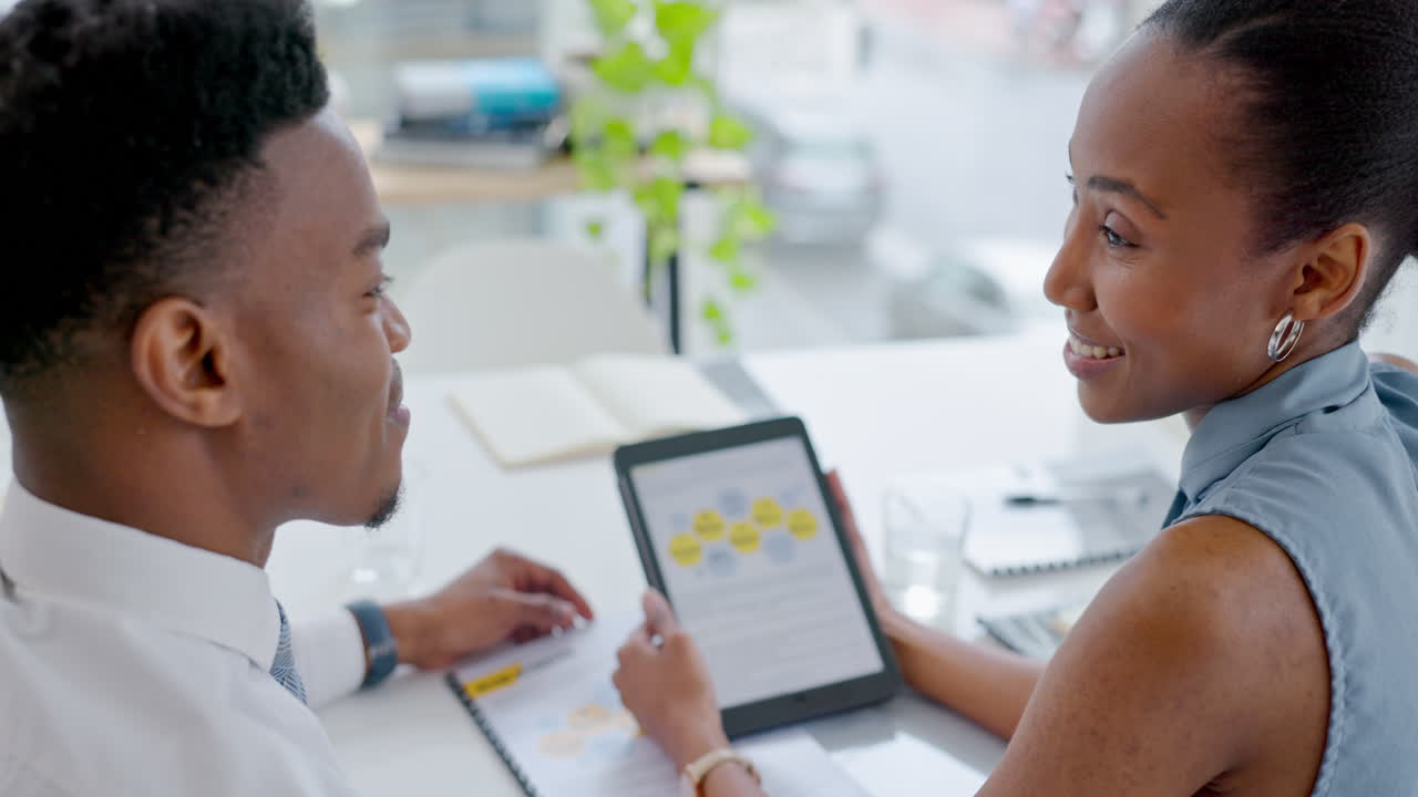 Meeting, digital tablet and business people