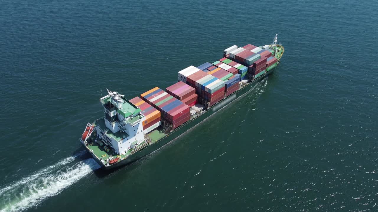 Aerial top view container ship, shipping or transportation concept background.