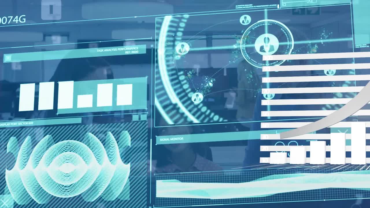 animación del procesamiento de datos sobre diversas personas de negocios en la oficina