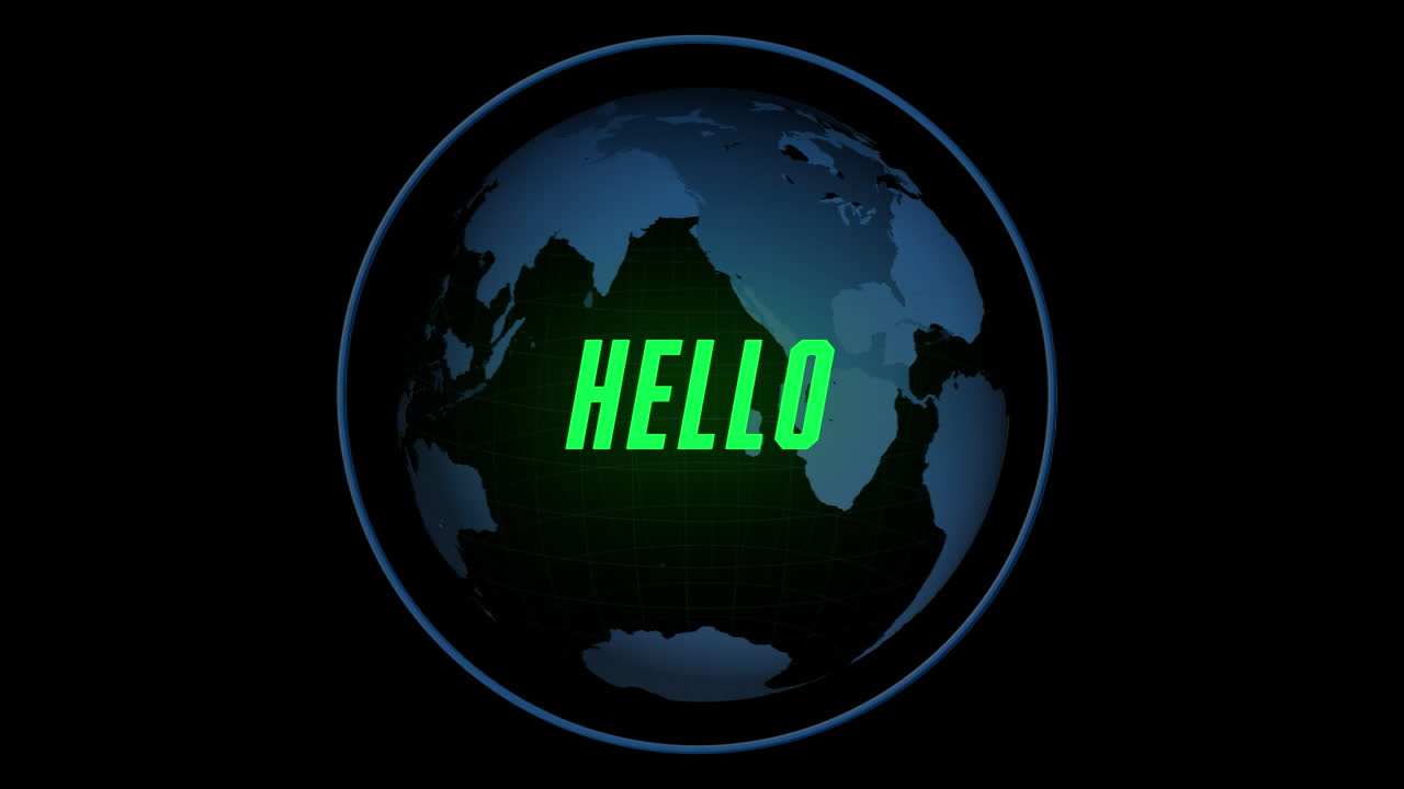 Animation of hello text over globe on dark background