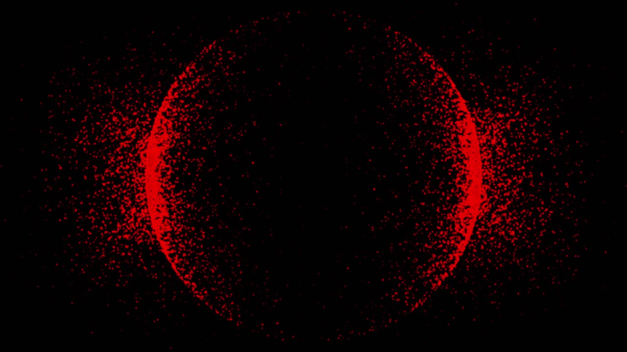 Abstract red particle sphere on black background. Glowing digital particles form an evolving circular shape, ideal for overlays, intros, or futuristic concepts. Seamless loop