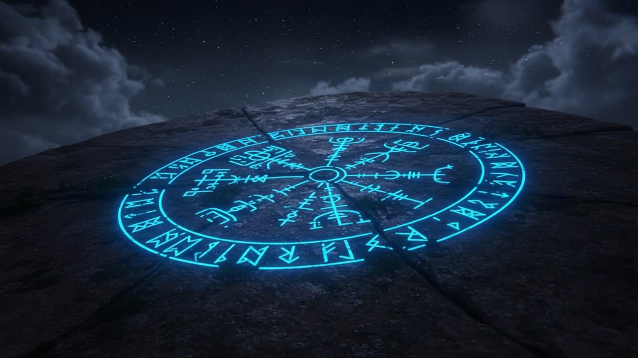 Mysterious Ancient Runes Illuminated on a Stone Surface Under a Starry Sky, Featuring Intricate Symbols and Enigmatic Designs Amidst Dramatic Cloudy Background