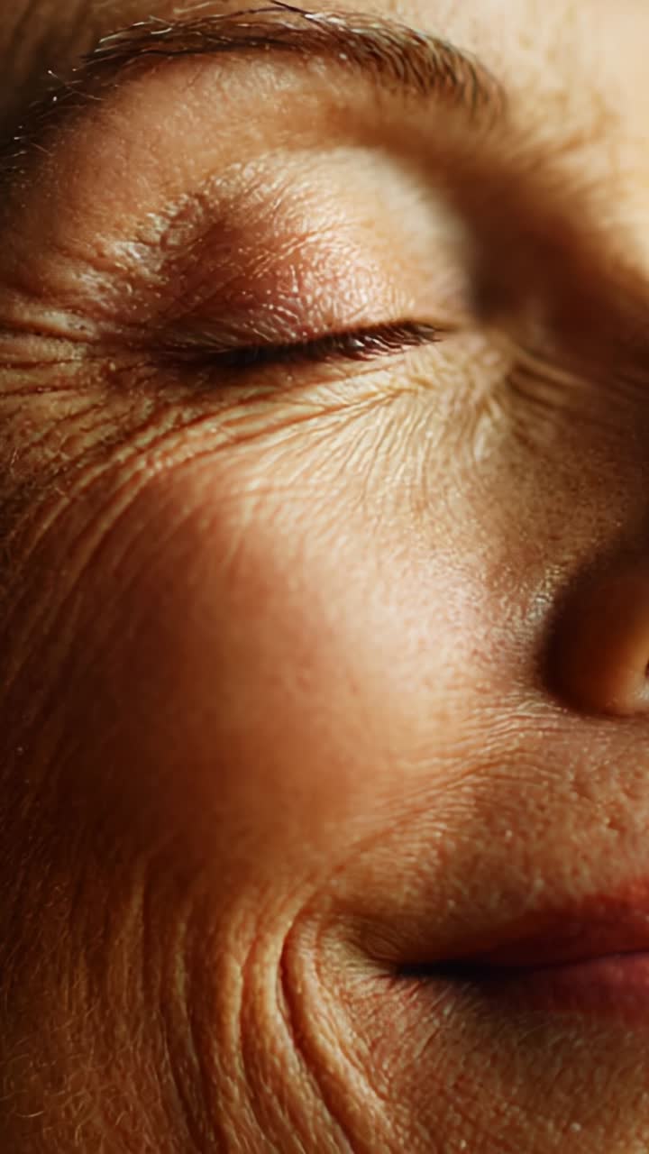Close-up Portrait Showcasing the Subtle Expressions and Textures of a Mature Adult's Face, Highlighting Character and Depth in Skin Wrinkles and Features