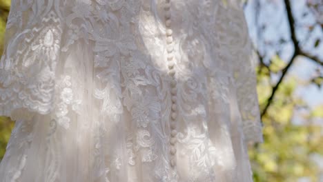 wedding-dress-hanging-in-tree-before-wedding-close-up-pan-up-shot