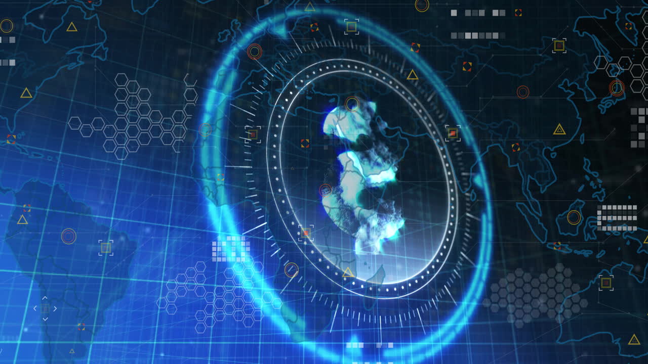 Digital globe with data processing animation over world map and grid background