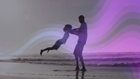 silhouetted father swinging daughter at beach edge, technology animation drifting purple wave