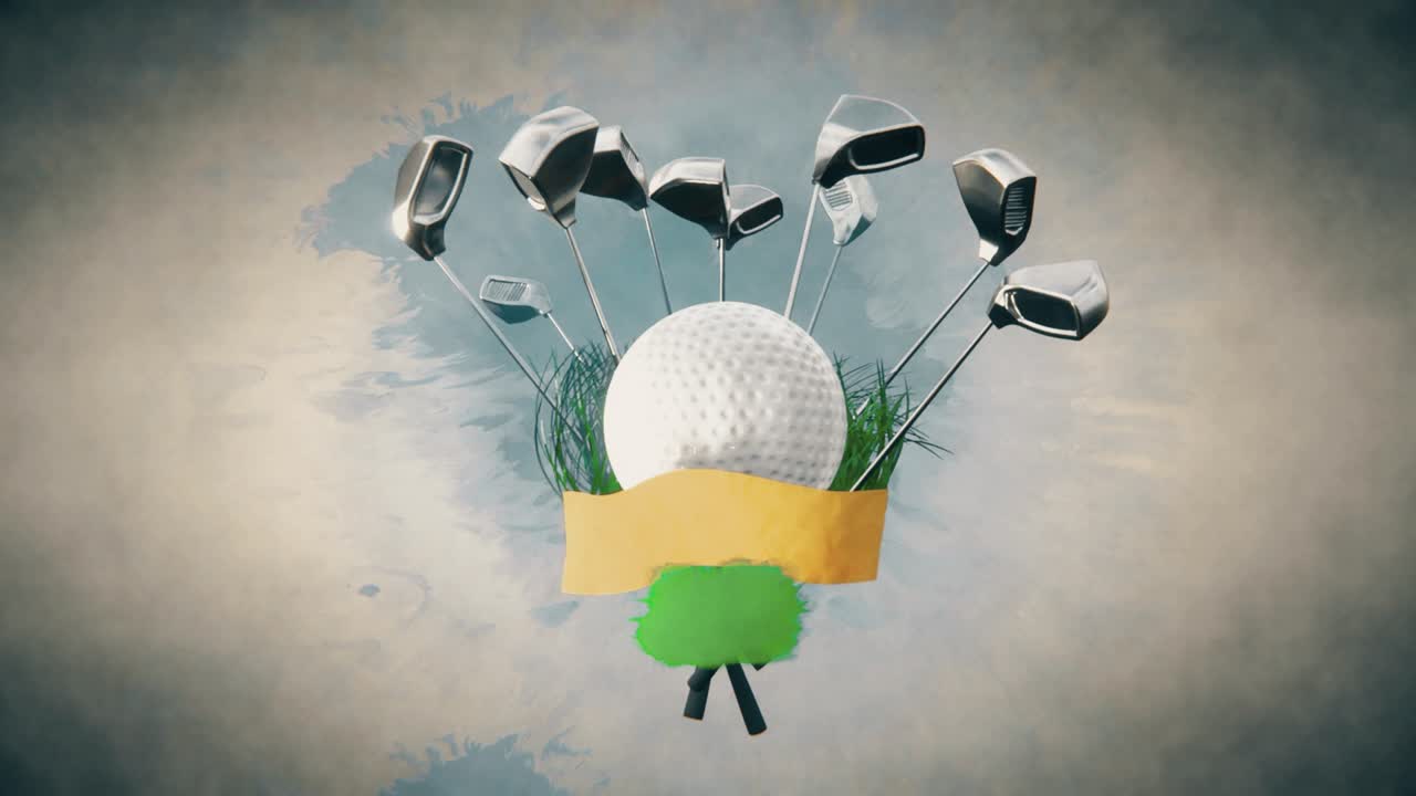 공허한 배너와 함께 잔디와 골프 클럽 위에 골프 공의 애니메이션. 복사 공간과 함께 골프 이벤트 홍보