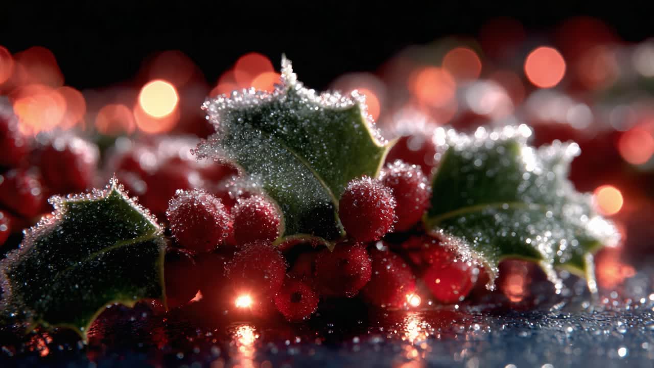Betagende kristtjørnebær, der glimter med frost og lyskæder, fremkalder en magisk vinterstemning, der er perfekt til feriefester og festlig pynt.