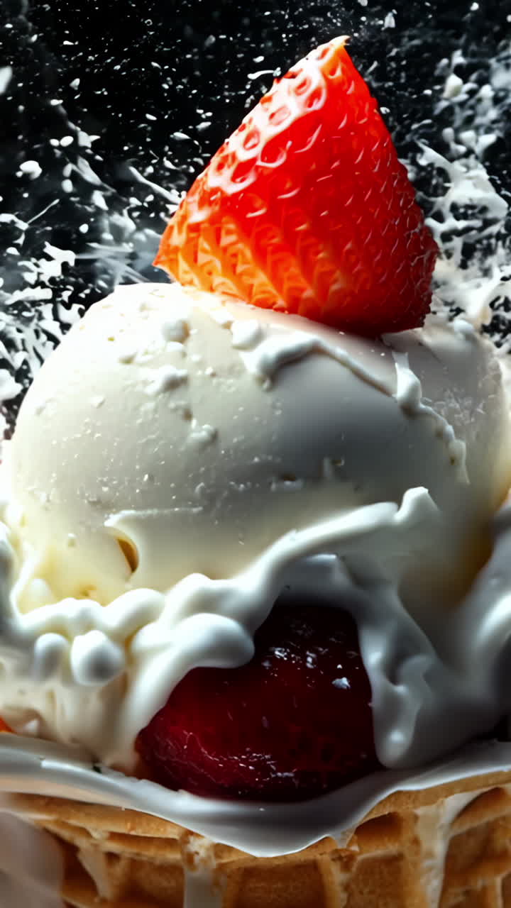 A white ice cream cone with strawberries and kiwi on top. The ice cream is melting and dripping down the sides of the cone