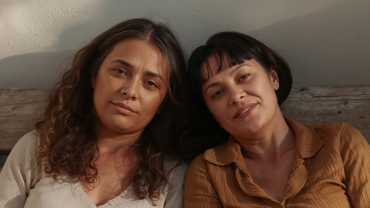 Turning woman on right, pair meeting eyes, leaning, laughing, showing warmth on wood bench at home