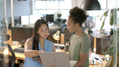 Young-African-American-woman-and-biracial-woman-collaborate-in-a-business-office