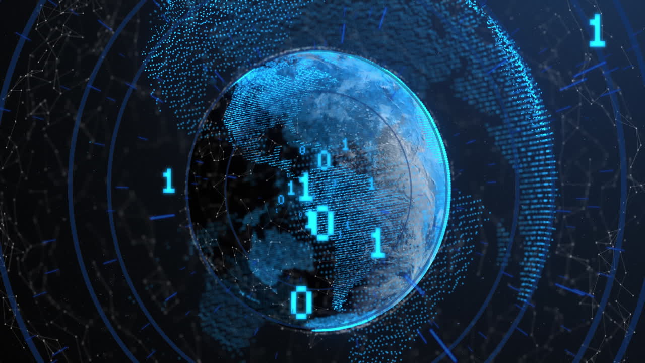 Animation of binary coding and network of connections over globe against blue background