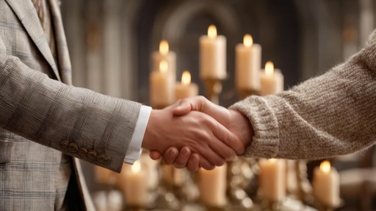 Un momento di connessione: due mani si stringono saldamente, unite e illuminate dalla luce soffusa delle candele, a simboleggiare fiducia e collaborazione in un ambiente elegante
