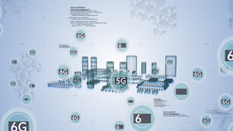 animation of data processing and 6g texts with schema on white background