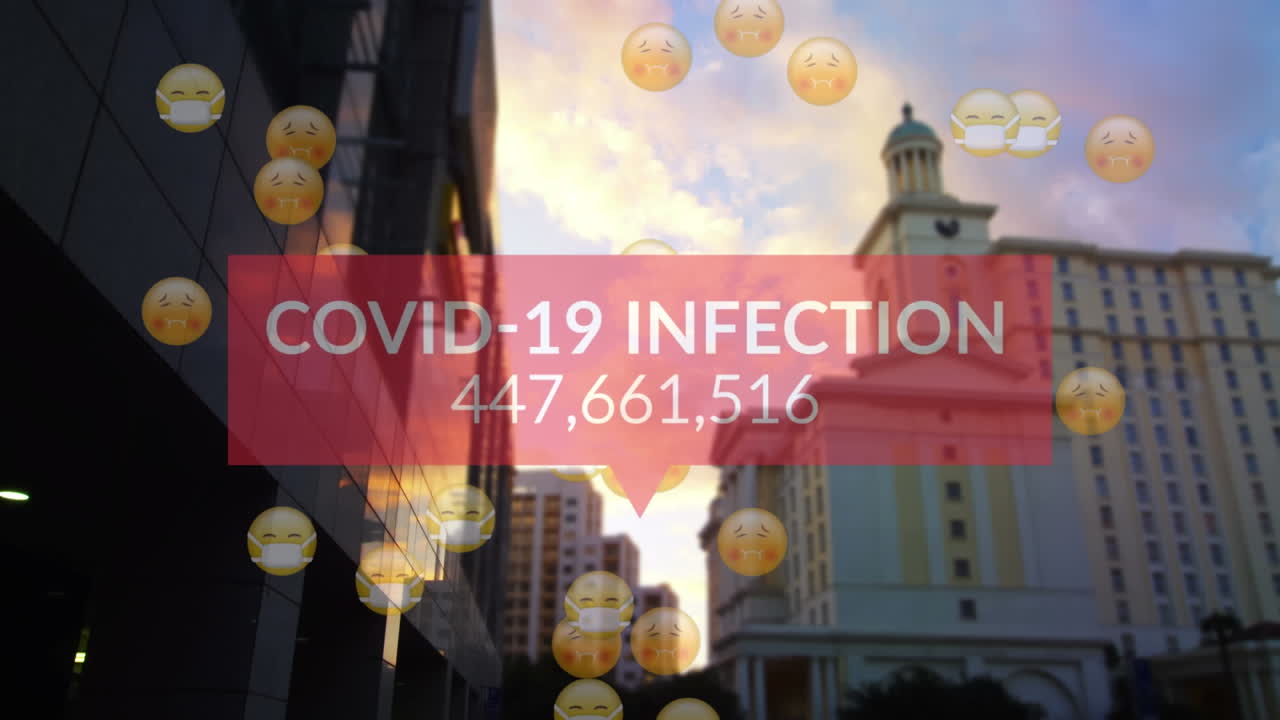 Animatio of multiple sick emojis with face masks and network of connections