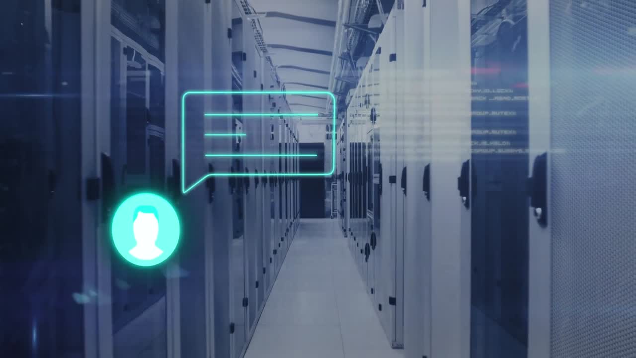 animación de iconos con burbujas de voz y procesamiento de datos sobre la sala del servidor