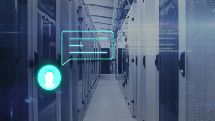Animation of icons with speech bubbles and data processing over server room
